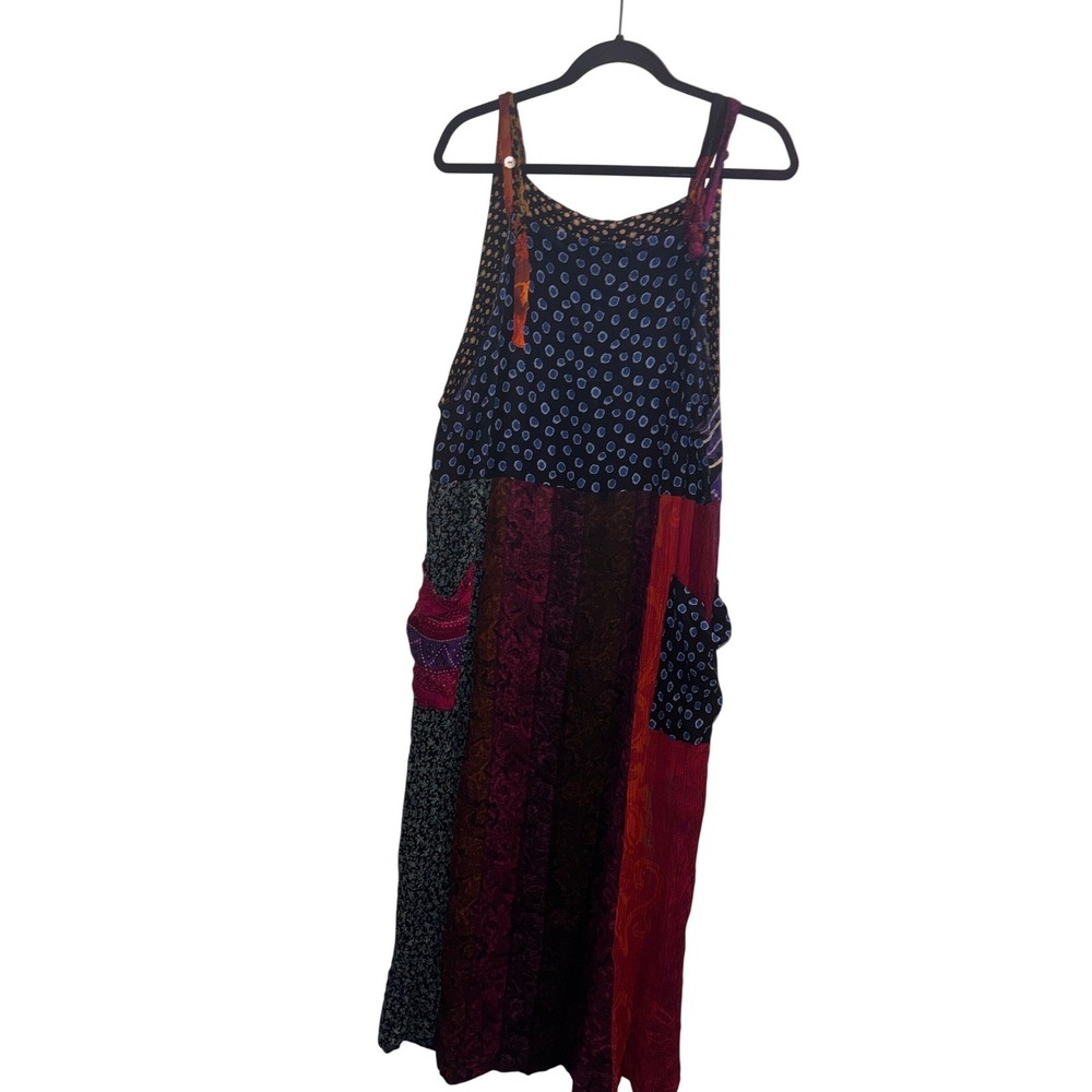 Vtg Njeri Sz XL (2) Boho Patchwork Midi Overall Dress Polka Dot Floral Pockets